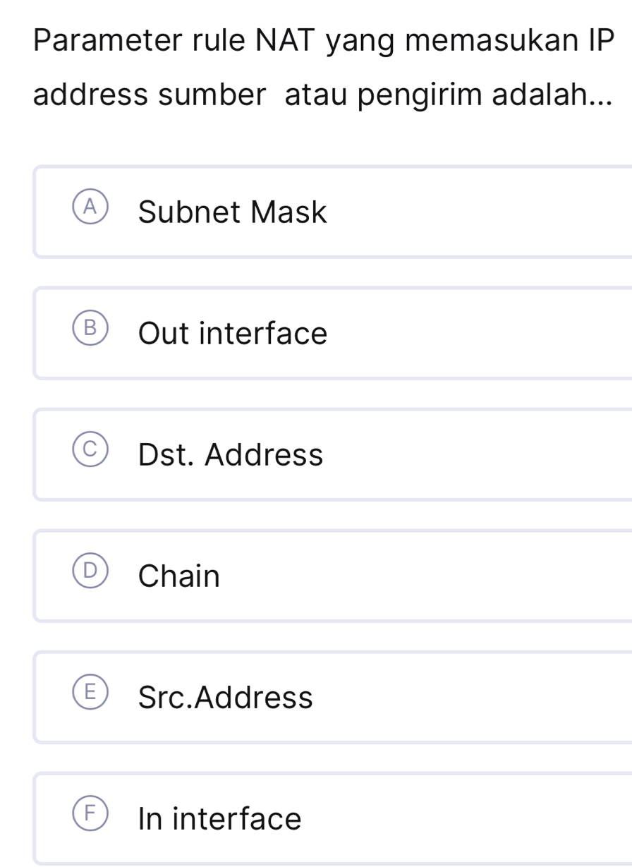 Parameter rule NAT yang memasukan IP
address sumber atau pengirim adalah...
Subnet Mask
Out interface
Dst. Address
Chain
Src.Address
In interface