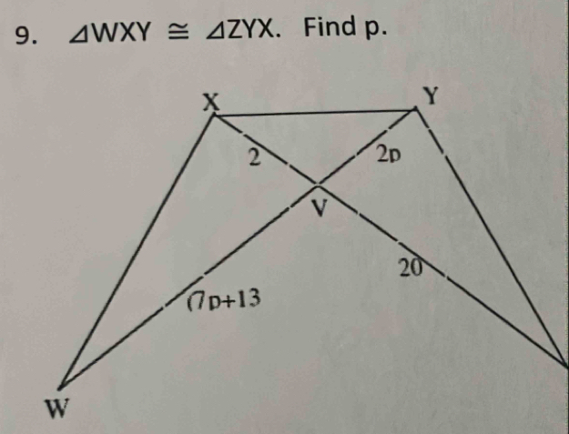 △ WXY≌ △ ZYX. Find p.