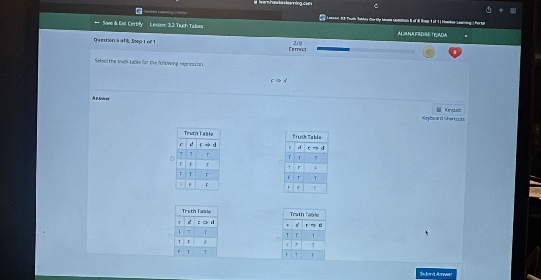 learn.hawkestearning.com
U===s Leaming ( Hon= Lesson 3.2 Truth Tables Certify Made Question 5 of 8 Step 1 of 1 J Haakes Lean
9  Portal
Save & Exit Certify Lesson: 3.2 Truth Tables ALIANA FREIRE-TEJADA
Question 5 of 8, Step 1 of 1 2/8
Correct
Select the truth table for the following expression.
cRightarrow d
Answer
Keypad
Keyboard Shortcuts
 
 
 
 
Submit Answer