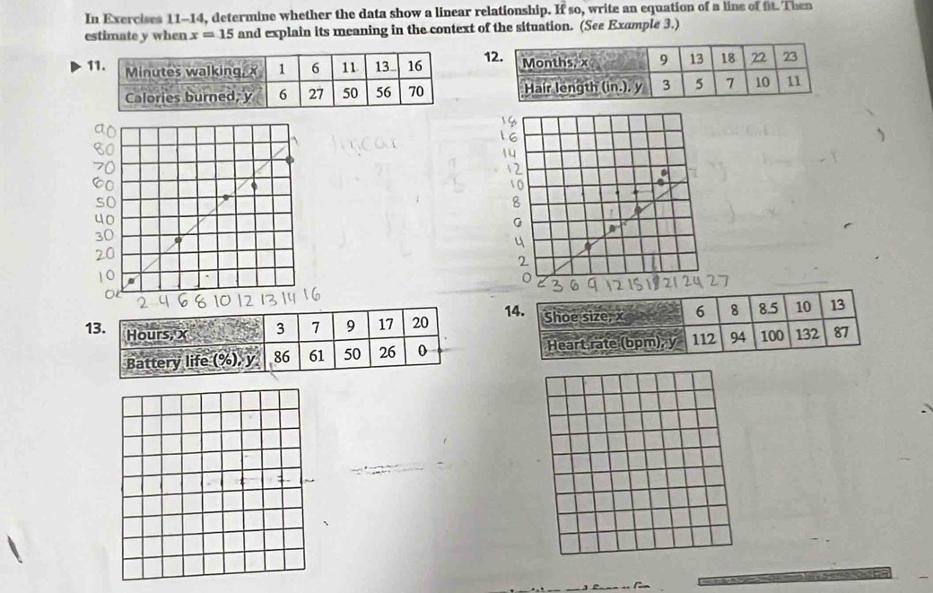 In Exercises 11-14, determine whether the data show a linear relationship. If so, write an equation of a line of fit. Then
estimate y when x=15 and explain its meaning in the context of the situation. (See Example 3.)
1
 
1
1