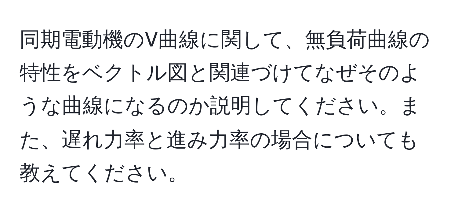 同期電動機のV曲線に関して、無負荷曲線の特性をベクトル図と関連づけてなぜそのような曲線になるのか説明してください。また、遅れ力率と進み力率の場合についても教えてください。