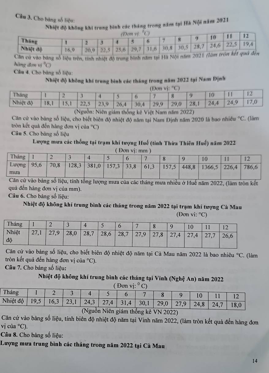 Cho bảng số liệu:
Nhiệt độ không khí trung bình các tháng trong năm tại Hà Nội năm 2021
Căn cử vào bảng số liệu trên, tính nhiệt độ trung bình năm tại Hà Nội năm
hàng đơn vị ^circ C)
Câu 4. Cho bảng số liệu:
Nhiệt độ không khí trung bình các tháng trong năm 2022 tại Nam Định
(Nguồn: Niên giám thống kê Việt Nam năm 2022)
Căn cử vào bảng số liệu, cho biết biên độ nhiệt độ năm tại Nam Định năm 2020 là bao nhiêu°C. (làm
tròn kết quả đến hàng đơn vị của °C)
Câu 5. Cho bảng số liệu
Lượng mưa các thống tại trạm khí tượng Huế (tỉnh Thừa Thiên Huế) năm 2022
tính tổng lượng mưa của các tháng mưa nhiều ở Huế năm 2022, (làm tròn kết
quả đến hàng đơn vị của mm).
Câu 6. Cho bảng số liệu:
Nhiệt độ không khí trung bình các tháng trong năm 2022 tại trạm khí tượng Cả Mau
(Đơn vi: ^circ C )
Căn cứ vào bảng số liệu, cho biết biên độ nhiệt độ năm tại Cà Mau năm 2022 là bao nhiêu°C. (làm
tròn kết quả đến hàng đơn vị c ia°C).
Câu 7. Cho bảng số liệu:
Nhiệt độ không khí trung bình các tháng tại Vinh (Nghệ An) năm 2022
giám thống kê VN 2022)
Căn cứ vào bảng số liệu, tính biên độ nhiệt độ năm tại Vinh năm 2022, (làm tròn kết quả đến hàng đơn
vị của°C).
Câu 8. Cho bảng số liệu:
Lượng mưa trung bình các tháng trong năm 2022 tại Cà Mau
14