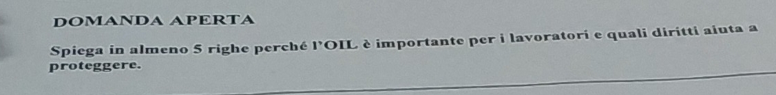 DOMANDA APERTA 
Spiega in almeno 5 righe perché l’OIL è importante per i lavoratori e quali diritti aiuta a 
proteggere.