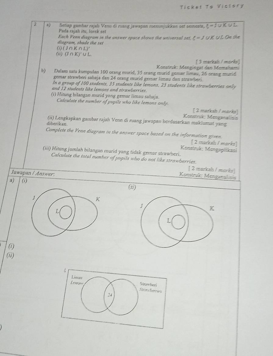 Ticket To Victary 
2 8) Setiap gambar rajah Venn di ruang jawapan menunjukkan set semesta, xi =J∪ K∪ L
Pada rajah itu, lorek set 
Each Venn diagram in the answer space shows the universal set, xi =J UKULO in the 
diagram, shade the set 
(i) (J∩ K∩ L)'
(ii) (J∩ K)'∪ L
[ 3 markah / morks] 
Konstruk: Mengingat dan Memahami 
b) Dalam satu kumpulan 100 orang murid, 35 orang murid gemar limau, 26 orang murid 
gemar strawberi sahaja dan 24 orang murid gemar limau dan strawberi. 
In a group of 100 students, 35 students like lemons, 23 students like strawberries only 
and 12 students like lemons and strawberries. 
(i) Hitung bilangan murid yang gemar limau sahaja. 
Calculate the number of pupils who like lemons only. 
[ 2 markab / marks] 
Konstruk: Menganalisis 
(ii) Lengkapkan gambar rajah Venn di ruang jawapan berdasarkan maklumat yang 
diberikan. 
Complete the Venn diagram in the answer space based on the information given. 
[ 2 markah / marks] 
Konstruk: Mengapšikasi 
(iii) Hitung jumlah bilangan murid yang tidak gemar strawberi. 
Calculate the total number of pupils who do not like strawberries. 
[ 2 markah / marks] 
Jawapan / Answer: 
Konstruk: Menganalisis 
a) ωi 
(ii) 
(i) 
(ii)