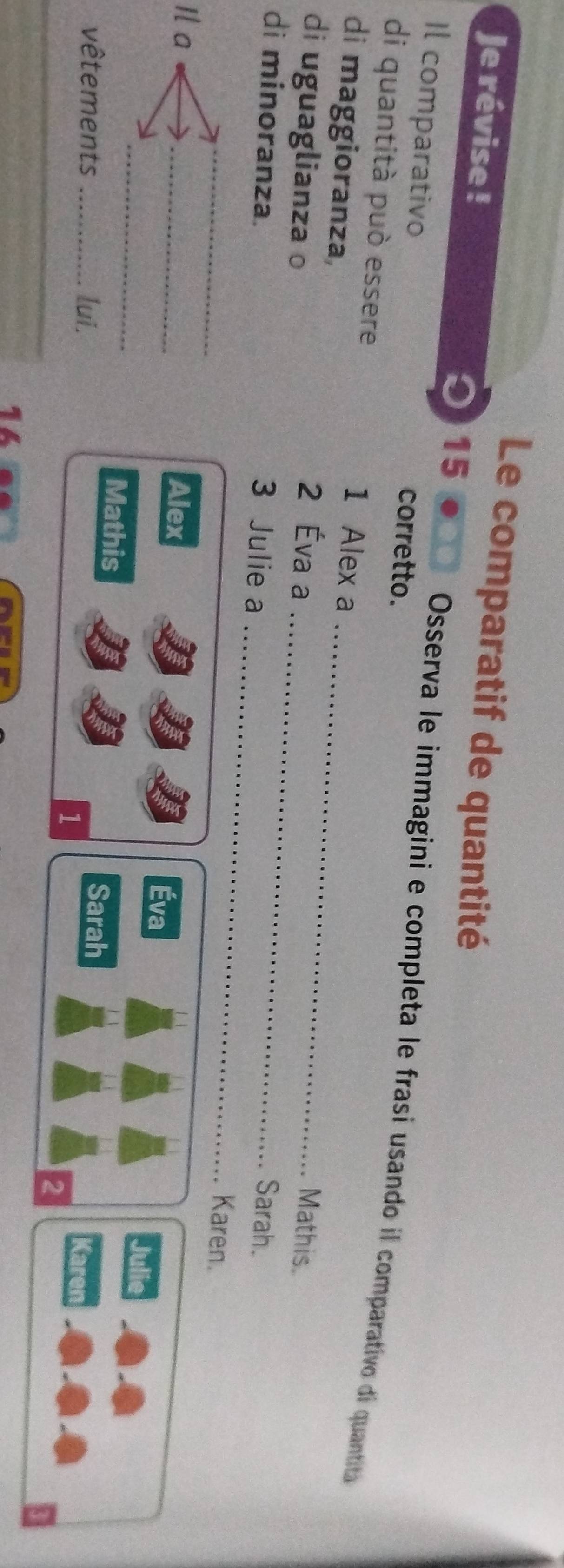 Le comparatif de quantité 
O) 15
Je révise ! Osserva le immagini e completa le frasi usando il comparativo di quantita 
Il comparativo corretto. 
_ 
di quantità può essere 1 Alex a 
di maggioranza, 
_ 
di uguaglianza o 
2 Éva a Mathis. 
di minoranza. Sarah. 
_3 Julie a _Karen. 
Il a 
_ 
_Alex Éva 
Julie 
Mathis Sarah Karen 
vêtements _lui. 
1 
16