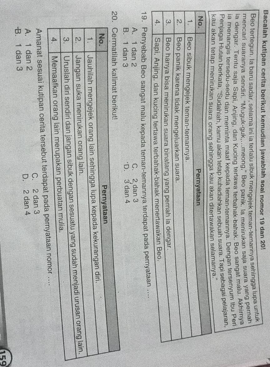 Bacalah kutipan cerita berikut kemudian jawablah soal nomor 19 dan 20!
Beo tertegun. la baru sadar, selama ini ia terlalu sibuk mengejek teman-temannya sehingga lupa untuk
mencari suaranya sendiri. “Muguk-guk,..meong,” Beo panik. la menirukan saja suara yang pernah
ia dengar. Tentu saja Sapi, Anjing, dan Kucing tertawa terbahak-bahak. Beo sangat malu. Akhirnya
ia menangis tersedu-sedu dan meminta maaf kepada teman-temannya. Dengan tersenyum Ibu Pen
Penjaga Hutan berkata, “Sudahlah, kamu akan tetap kuhadiahkan sebuah suara. Tapi sebagai pelajaran,
kau akan tetap menirukan suara orang sehingga kau akan ditertawakan selamanya."
19. Penyebab Beo sangat malu kepada teman-temannya terdapat pada pe
A. 1 dan 2 C. 2 dan 3
B. 1 dan 3 D. 3 dan 4
Amanat sesuai kutipan cerita tersebut te
A. 1 dan 2 C. 2 dan 3
B. 1 dan 3 D. 2 dan 4
159