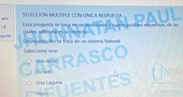 aún SELECCIÓN MULTIPLE CON UNICA RESPUESTA
1,0 Esta pregunta se basa en un enunciado y cuatro posibles respuestas, de las
cuales solo una es la correcta.
gunta Enunciado: No se trata de un sistema Natural:
Seleccione una:
Una nube.
Teclado.
Una Laguna.
Perro.