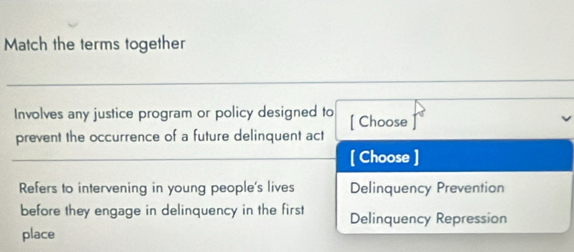 Match the terms together
Involves any justice program or policy designed to [ Choose
prevent the occurrence of a future delinquent act
[ Choose ]
Refers to intervening in young people's lives Delinquency Prevention
before they engage in delinquency in the first Delinquency Repression
place