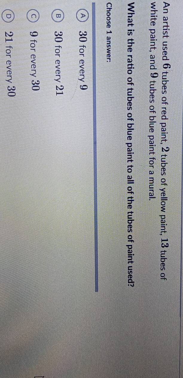 An artist used 6 tubes of red paint, 2 tubes of yellow paint, 13 tubes of
white paint, and 9 tubes of blue paint for a mural.
What is the ratio of tubes of blue paint to all of the tubes of paint used?
Choose 1 answer:
A 30 for every 9
30 for every 21
c 9 for every 30
Dì 21 for every 30