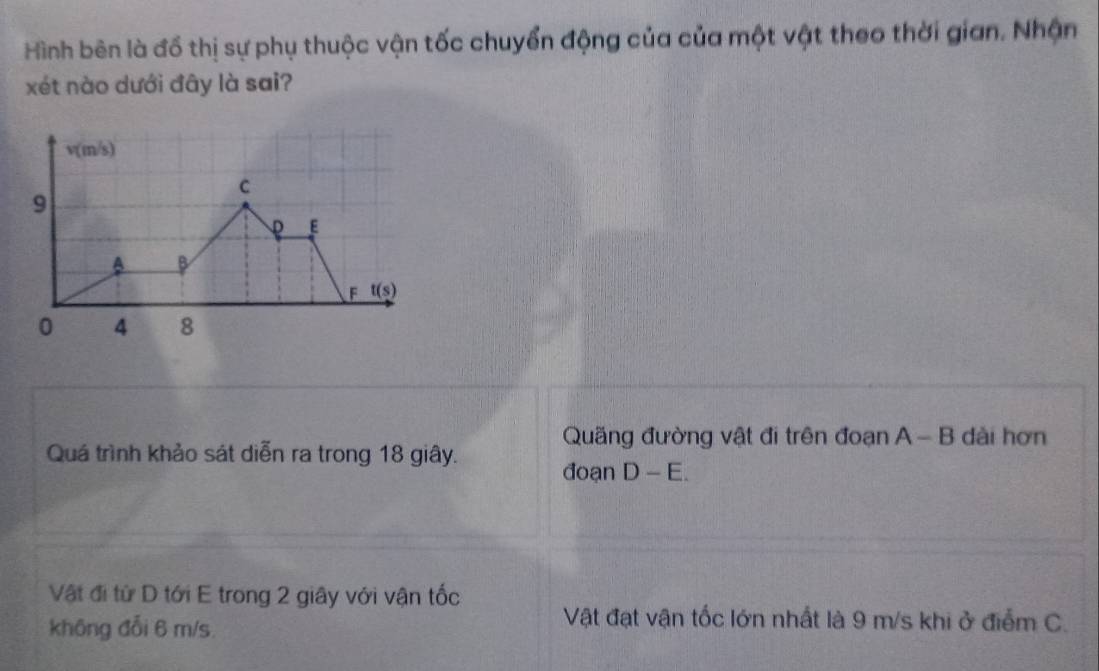 Hình bên là đổ thị sự phụ thuộc vận tốc chuyển động của của một vật theo thời gian. Nhận 
xét nào dưới đây là sai?
v(m/s)
C
9
E
B
F t(s)
0 4 8
Quãng đường vật đi trên đoạn A-B dài hơn 
Quá trình khảo sát diễn ra trong 18 giây. đoạn D-E. 
Vật đi từ D tới E trong 2 giây với vận tốc 
không đỗi 6 m/s
Vật đạt vận tốc lớn nhất là 9 m/s khi ở điểm C.