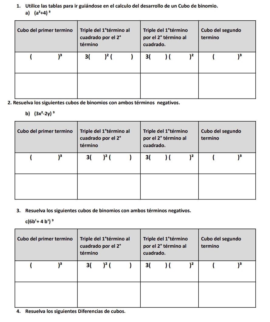 Utilice las tablas para ir guiándose en el calculo del desarrollo de un Cubo de binomio.
a) (a^2+4)^3
Resuelva los siguientes cubos de binomios con ambos términos negativos.
b) (3x^2-2y)^3
3. Resuelva los siguientes cubos de binomios con ambos términos negativos.
c(6b^5+4b^4)^3