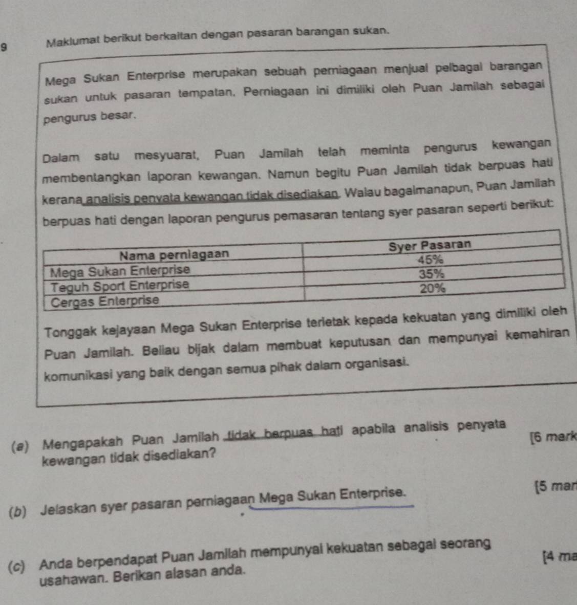 Maklumat berikut berkaitan dengan pasaran barangan sukan. 
Mega Sukan Enterprise merupakan sebuah perniagaan menjual pelbagal barangan 
sukan untuk pasaran tempatan. Perniagaan ini dimiliki oleh Puan Jamilah sebagai 
pengurus besar. 
Dalam satu mesyuarat, Puan Jamilah telah meminta pengurus kewangan 
membentangkan (aporan kewangan. Namun begitu Puan Jamilah tidak berpuas hati 
kerana analisis penvata kewangan tidak disediakan. Walau bagalmanapun, Puan Jamilah 
berpuas hati dengan laporan pengurus pemasaran tentang syer pasaran seperti berikut: 
Tonggak kejayaan Mega Sukan Enterprise terletak kepada kekuatan yang 
Puan Jamilah. Beliau bljak dalam membuat keputusan dan mempunyai kemahiran 
komunikasi yang baik dengan semua pihak dalam organisasi. 
(a) Mengapakah Puan Jamilah tidak berpuas hati apabila analisis penyata 
kewangan tidak disediakan? [6 mark 
(b) Jelaskan syer pasaran perniagaan Mega Sukan Enterprise. 
5 mar 
(c) Anda berpendapat Puan Jamilah mempunyai kekuatan sebagal seorang 
[4 ma 
usahawan. Berikan alasan anda.