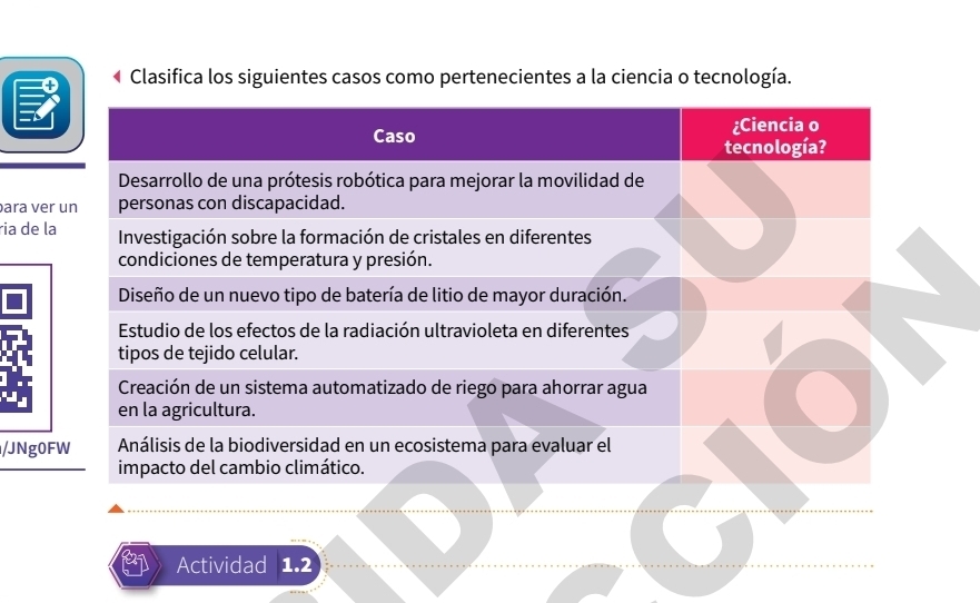 Clasifica los siguientes casos como pertenecientes a la ciencia o tecnología. 
ara ver 
ria de la 
/JNg0F 
Actividad 1.2