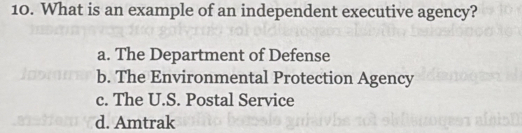 What is an example of an independent executive agency?
a. The Department of Defense
b. The Environmental Protection Agency
c. The U.S. Postal Service
d. Amtrak