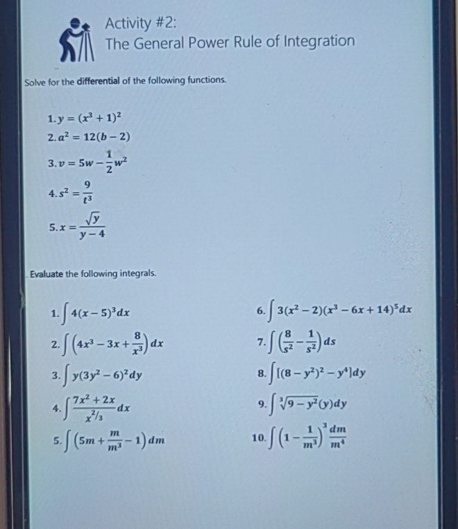 Solved: Activity #2: The General Power Rule of Integration Solve for ...