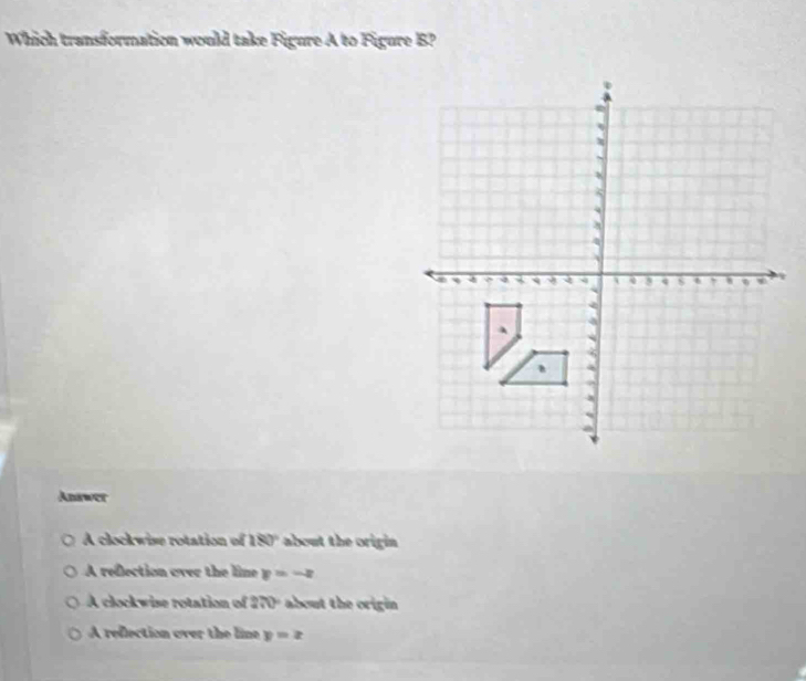 Which transformation would take Figure A to Figure B?
Aniwer
A clockwise rotation of 180° about the origin
A refection over the line y=-x
A clockwise rotation of 270° about the origin
A reflection over the line y=2