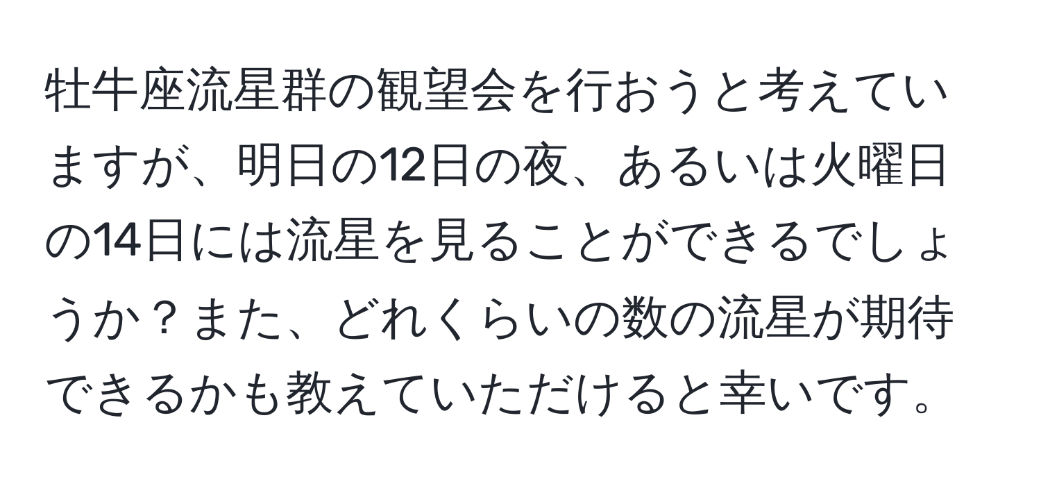 牡牛座流星群の観望会を行おうと考えていますが、明日の12日の夜、あるいは火曜日の14日には流星を見ることができるでしょうか？また、どれくらいの数の流星が期待できるかも教えていただけると幸いです。