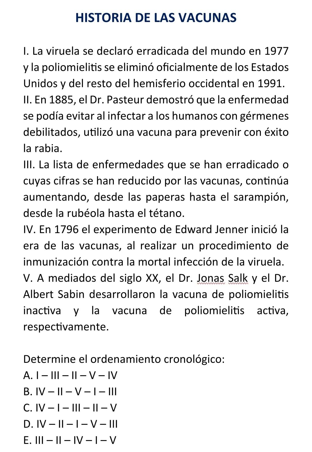 HISTORIA DE LAS VACUNAS
I. La viruela se declaró erradicada del mundo en 1977
y la poliomielitis se eliminó oficialmente de los Estados
Unidos y del resto del hemisferio occidental en 1991.
II. En 1885, el Dr. Pasteur demostró que la enfermedad
se podía evitar al infectar a los humanos con gérmenes
debilitados, utilizó una vacuna para prevenir con éxito
la rabia.
III. La lista de enfermedades que se han erradicado o
cuyas cifras se han reducido por las vacunas, continúa
aumentando, desde las paperas hasta el sarampión,
desde la rubéola hasta el tétano.
IV. En 1796 el experimento de Edward Jenner inició la
era de las vacunas, al realizar un procedimiento de
inmunización contra la mortal infección de la viruela.
V. A mediados del siglo XX, el Dr. Jonas Salk y el Dr.
Albert Sabin desarrollaron la vacuna de poliomielitis
inactiva y la vacuna de poliomielitis activa,
respectivamente.
Determine el ordenamiento cronológico:
A. |-|||-||-V-|V
B. IV-1I-V-1-11|
C. IV-|-|||-||-V
D. IV-I|-|-V-||I
E. III-II-IV-I-V