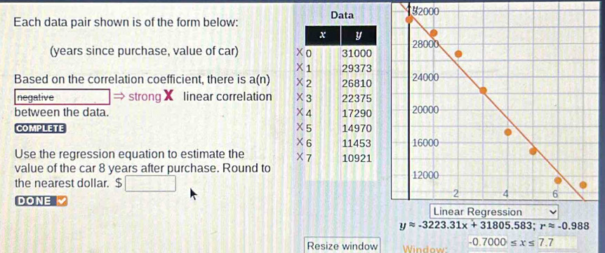 DataY2000
Each data pair shown is of the form below:
(years since purchase, value of car) 
Based on the correlation coefficient, there is a(n)
negative strong X linear correlation 
between the data.  
COMPLETE 
 
Use the regression equation to estimate the 
value of the car 8 years after purchase. Round to
the nearest dollar. a $□
DONE
yapprox -3223.31x+31805.583;rapprox -0.988
Resize window Window: -0.7000≤ x≤ 7.7