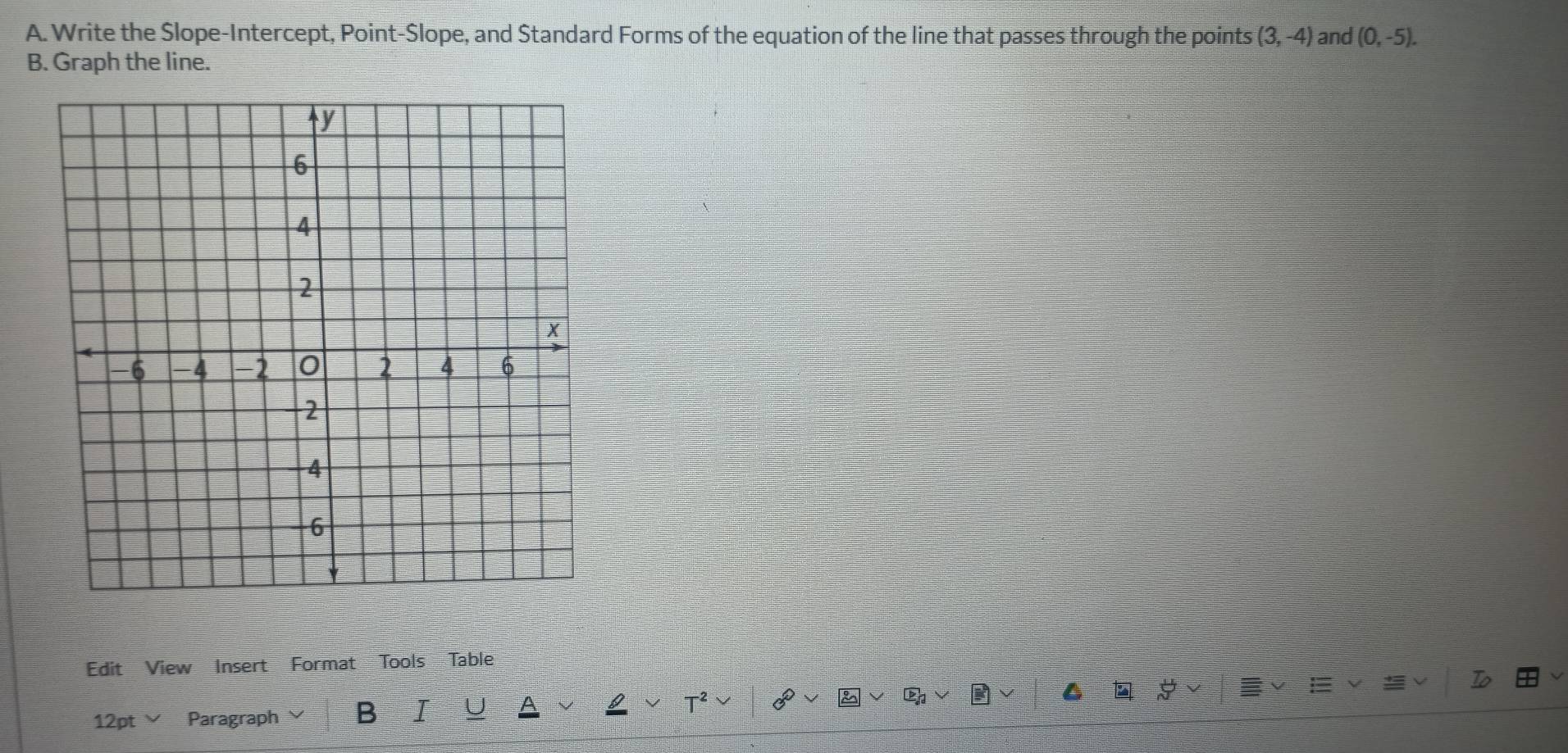 Write the Ślope-Intercept, Point-Ślope, and Štandard Forms of the equation of the line that passes through the points (3,-4) and (0,-5). 
B. Graph the line. 
Edit View Insert Format Tools Table 
I 
12pt Paragraph B I T^2