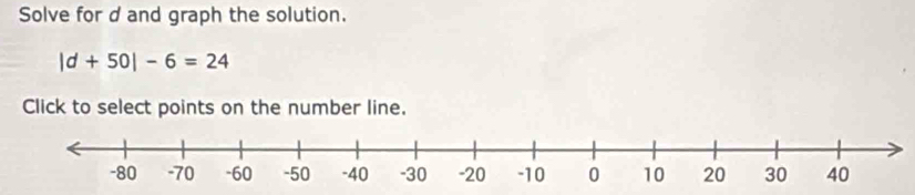 Solve for d and graph the solution.
|d+50|-6=24
Click to select points on the number line.