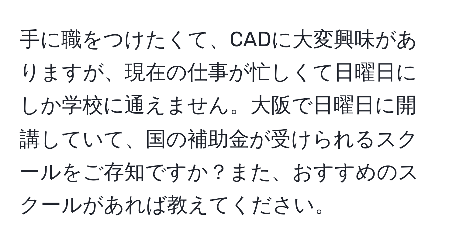 手に職をつけたくて、CADに大変興味がありますが、現在の仕事が忙しくて日曜日にしか学校に通えません。大阪で日曜日に開講していて、国の補助金が受けられるスクールをご存知ですか？また、おすすめのスクールがあれば教えてください。