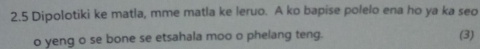 2.5 Dipolotiki ke matla, mme matla ke leruo. A ko bapise polelo ena ho ya ka seo 
o yeng o se bone se etsahala moo o phelang teng. (3)