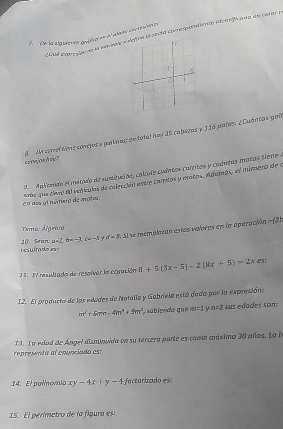 eQué expresión de la variable x define la recta correspondiente identificada en color n 
7. De la siguiente gráfica en el plano cartesiano:
4Y
-1 x
1
8. Un corral tiene conejos y gallinas; en total hay 35 cabezas y 116 patas. ¿Cuántas gal 
conejos hay? 
9. Aplicando el método de sustitución, calcule cuántos carritos y cuántas motos tiene 7
sabe que tiene 80 vehículos de colección entre carritos y motos. Además, el número de a 
en dos al número de motos.
-(2b
Tema: Álgebra 
10. Sean: a=2, b=-3, c=-5 v d=8. Si se reemplazan estos valores en la operación 
resultado es: 
11. El resultado de resolver la ecuación 8+5(3x-5)-2(8x+5)=2x es: 
12. El producto de las edades de Natalia y Gabriela está dado por la expresión:
m^2+6mn-4m^4+9m^2 , sabiendo que m=1 y n=2 sus edades son: 
13. La edad de Ángel disminuida en su tercera parte es como máximo 30 años. La in 
representa al enunciado es: 
14. El polinomio xy-4x+y-4 factorizado es: 
15. El perímetro de la figura es: