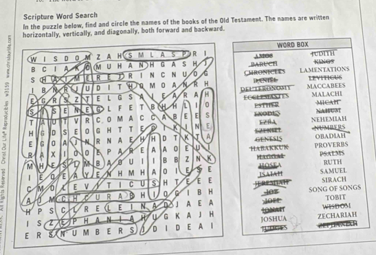 Scripture Word Search 
In the puzzle below, find and circle the names of the books of the Old Testament. The names are written 
horizontally, vertically, and diagonally, both forward and backward. 
A3D08 WORD BOX 
4UDITH 
BARUCH KING5 
CHRONICEES LAMENTATIONS 
:D, CNIÉL LEVITIOUS 
DEPTERONOmY MACCABEES MALACHI 
ECCLESIASTES PSTHER MICAH 
ENODES EZRA NEHEMIAH NHUNT 
GZENGE？ NUMBERS OBADIAH 
GENESIS 
HABAKKUK PROVERBS 
MAGGAL PSALMS 
HOSEA ISAIAH SAMUEL RUTH 
SIRACH 
408 
JERESIAH SONG OF SONGS 
JOP WISDOM TOBIT 
LONAT ZECHARIAH 
JOSHUA TUDGES