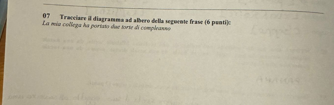 Tracciare il diagramma ad albero della seguente frase (6 punti): 
La mia collega ha portato due torte di compleanno