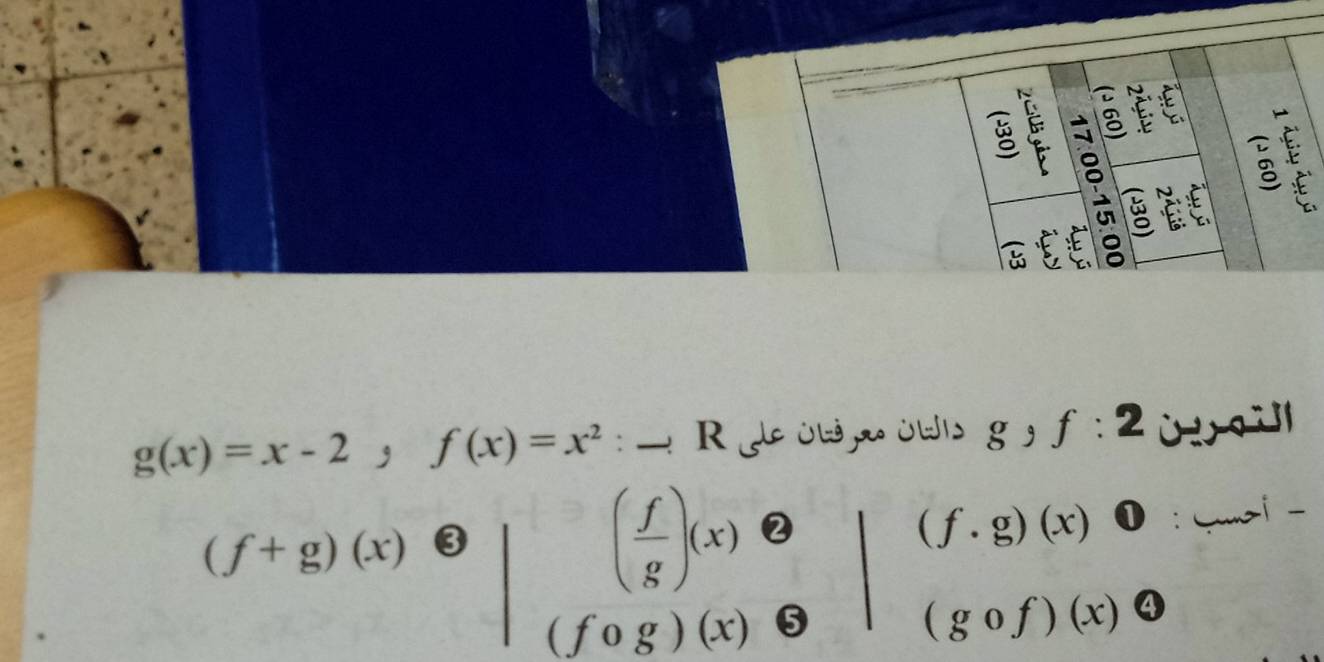 É E
3 É 
E : 5 É E
g(x)=x-2, f(x)=x^2:_ R de ül a üWi g, f:2 ù ! qill
(f+g)(x)θ |beginarrayr ( f/g )(x)θ  (fog)(x)θ endarray | (f· g)(x) : Cuoi −
(gcirc f)(x)