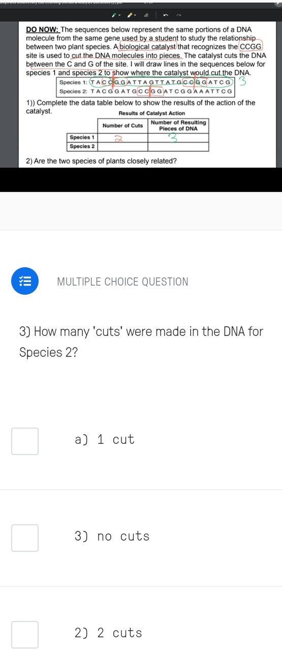 DO NOW: The sequences below represent the same portions of a DNA
molecule from the same gene used by a student to study the relationship
between two plant species. A biological catalyst that recognizes the CCGG
site is used to cut the DNA molecules into pieces. The catalyst cuts the DNA
between the C and G of the site. I will draw lines in the sequences below for
species 1 and species 2 to show where the catalyst would cut the DNA.
Species 1: TACCG GaTTaG TTaTG C CG GaT C G
Species 2: T A C G G A T G C C G G A T C G G A A A T T C G
1)) Complete the data table below to show the results of the action of the
catalyst. Results of Catalvst Action
2) Are the two species of plants closely related?
MULTIPLE CHOICE QUESTION
3) How many 'cuts' were made in the DNA for
Species 2?
a) 1 cut
3) no cuts
2) 2 cuts