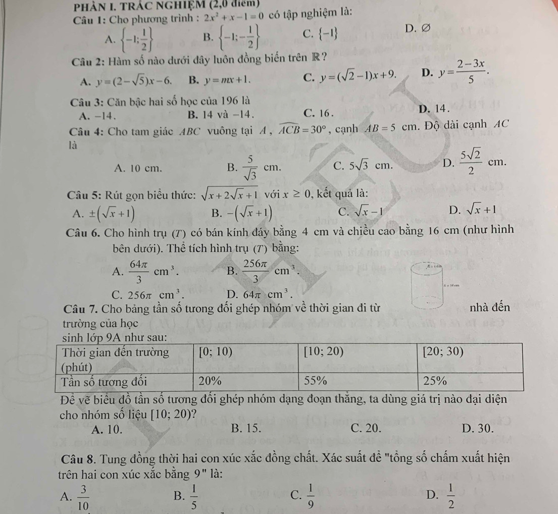 PHÀN I. TRÁC NGHIỆM (2,0 điểm)
*  Câu 1: Cho phương trình : 2x^2+x-1=0 có tập nghiệm là:
A.  -1; 1/2  B.  -1;- 1/2  C.  -1
D. ∅
Câu 2: Hàm số nào dưới đây luôn đồng biến trên R?
A. y=(2-sqrt(5))x-6. B. y=mx+1. C. y=(sqrt(2)-1)x+9. D. y= (2-3x)/5 .
Câu 3: Căn bậc hai số học của 196 là
A. -14. B. 14 và -14. C. 16 . D. 14 .
Câu 4: Cho tam giác ABC vuông tại A , widehat ACB=30° , cạnh AB=5cm. Độ dài cạnh AC
là
A. 10 cm. B.  5/sqrt(3) cm. C. 5sqrt(3)cm. D.  5sqrt(2)/2 cm.
Câu 5: Rút gọn biểu thức: sqrt(x+2sqrt x)+1 với x≥ 0 , kết quả là:
A. ± (sqrt(x)+1) -(sqrt(x)+1)
B.
C. sqrt(x)-1 D. sqrt(x)+1
Câu 6. Cho hình trụ (T) có bán kính đáy bằng 4 cm và chiều cao bằng 16 cm (như hình
bên dưới). Thể tích hình trụ (T) bằng:
A.  64π /3 cm^3. B.  256π /3 cm^3.
C. 256π cm^3. D. 64π cm^3.
Câu 7. Cho bảng tần số tưong đối ghép nhóm về thời gian đi từ nhà đến
trường của học
Đề vẽ biểu đồ tần số tương đổi ghép nhóm dạng đoạn thăng, ta dùng giá trị nào đại diện
cho nhóm số liệu [10;20)
A. 10. B. 15. C. 20. D. 30.
Câu 8. Tung đồng thời hai con xúc xắc đồng chất. Xác suất đề "tổng số chấm xuất hiện
trên hai con xúc xắc bằng 9'' là:
A.  3/10   1/5   1/9   1/2 
B.
C.
D.