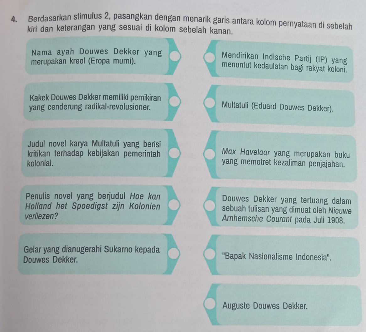 Berdasarkan stimulus 2, pasangkan dengan menarik garis antara kolom pernyataan di sebelah 
kiri dan keterangan yang sesuai di kolom sebelah kanan. 
Nama ayah Douwes Dekker yang 
Mendirikan Indische Partij (IP) yang 
merupakan kreol (Eropa murni). 
menuntut kedaulatan bagi rakyat koloni. 
Kakek Douwes Dekker memiliki pemikiran Multatuli (Eduard Douwes Dekker). 
yang cenderung radikal-revolusioner. 
Judul novel karya Multatuli yang berisi 
kritikan terhadap kebijakan pemerintah 
Mαx Havelaar yang merupakan buku 
kolonial. yang memotret kezaliman penjajahan. 
Penulis novel yang berjudul Hoe kan Douwes Dekker yang tertuang dalam 
Holland het Spoedigst zijn Kolonien sebuah tulisan yang dimuat oleh Nieuwe 
verliezen? Arnhemsche Courant pada Juli 1908. 
Gelar yang dianugerahi Sukarno kepada 
Douwes Dekker. 
''Bapak Nasionalisme Indonesia''. 
Auguste Douwes Dekker.