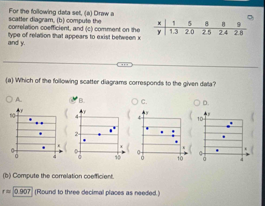 For the following data set, (a) Draw a
scatter diagram, (b) compute the 
correlation coefficient, and (c) comment on the
type of relation that appears to exist between x
and y.
(a) Which of the following scatter diagrams corresponds to the given data?
A.
B.
C.
D.


(b) Compute the correlation coefficient.
rapprox 0.907 (Round to three decimal places as needed.)