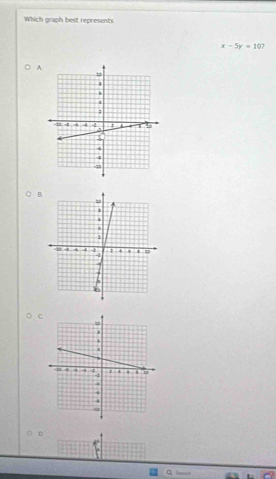 Which graph best represents
x-5y=10 2 
A 
B. 
C 
D