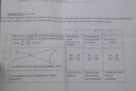 L=ym+n
EXURCICKL /3 poien
Pour chause ligne du tabless ci-dessous une seule des trois réponses proposées est exacte pour chaque affirmation.
Lors se l come le suméro de l'affirmation suivie de la lettre qui correspond à la réponse juste.