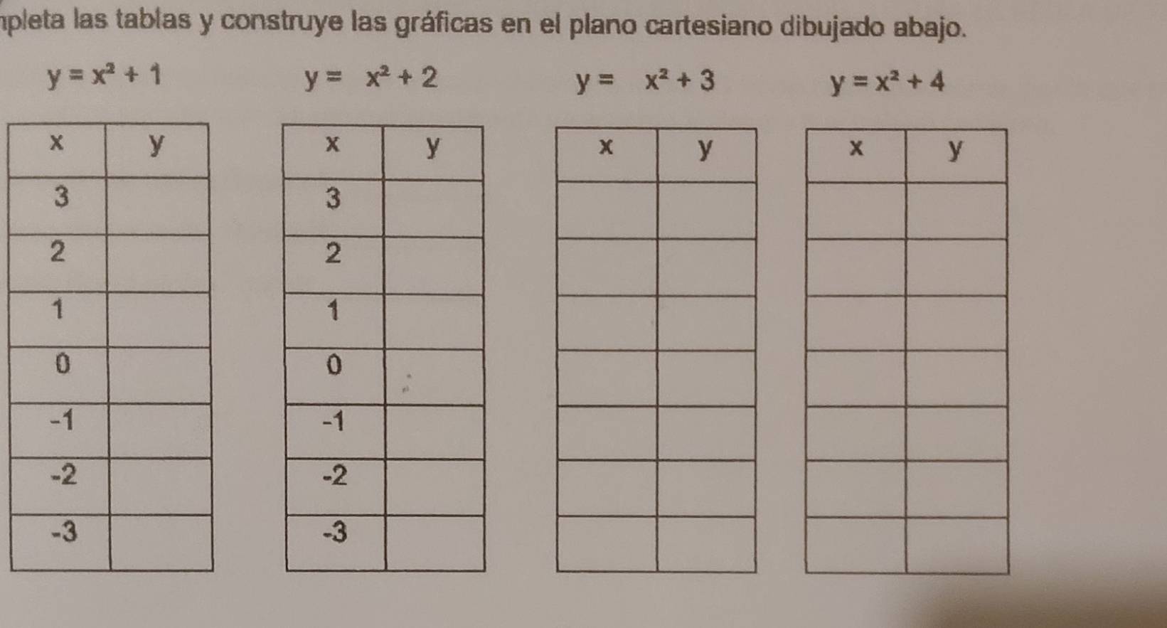 mpleta las tablas y construye las gráficas en el plano cartesiano dibujado abajo.
y=x^2+1
y=x^2+2
y=x^2+3
y=x^2+4