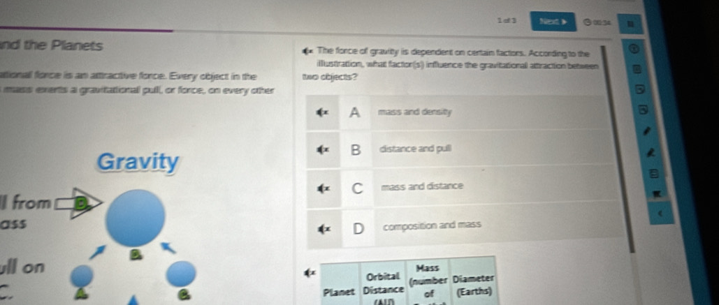 1of 3 Next > 034 I
nd the Planets The fonce of gravitty is dependent on certain factons. According to the
illlustiration, what faction(s) influence the gravitational attraction between
ationall force is an attractive force. Every object in the two objects?
mass exents a gravitational pull, or force, on every other
A mass and density
B distance and pull
C
I frommass and distance
ass
composition and mass
ll onMass
Orbital (number Diameter
CPlanet Distance of (Earths)
an