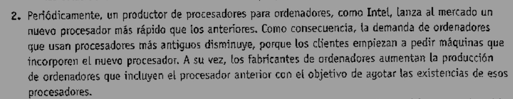 Periódicamente, un productor de procesadores para ordenadores, como Intel, lanza al mercado un 
nuevo procesador más rápido que los anteriores. Como consecuencia, la demanda de ordenadores 
que usan procesadores más antiguos disminuye, porque los clientes empiezan a pedir máquinas que 
incorporen el nuevo procesador. A su vez, los fabricantes de ordenadores aumentan la producción 
de ordenadores que incluyen el procesador anterior con el objetivo de agotar las existencias de esos 
procesadores.