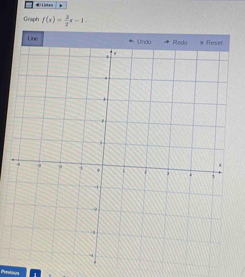 Listen 
Graph f(x)= 3/2 x-1. 
Line 
Previous 1