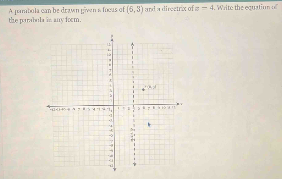 A parabola can be drawn given a focus of (6,3) and a directrix of x=4. Write the equation of
the parabola in any form.