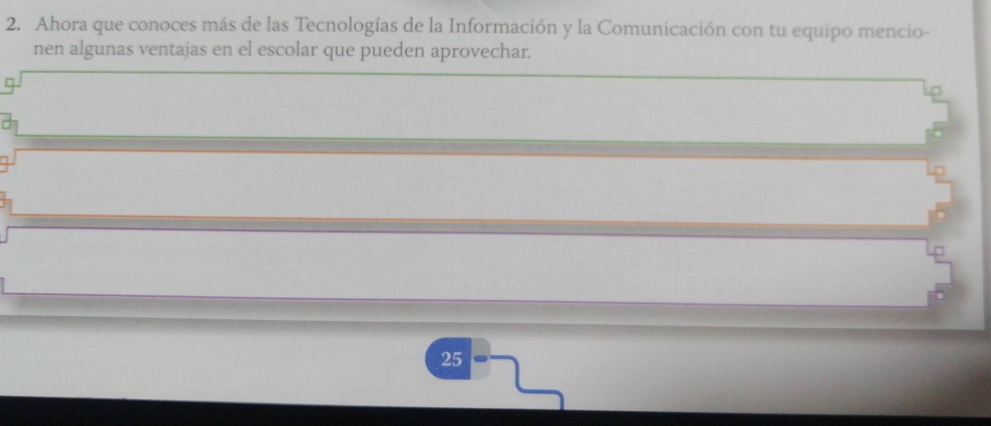 Ahora que conoces más de las Tecnologías de la Información y la Comunicación con tu equipo mencio- 
nen algunas ventajas en el escolar que pueden aprovechar. 
□
25