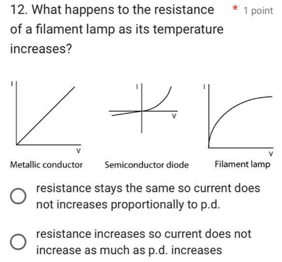 What happens to the resistance * 1 point
of a filament lamp as its temperature
increases?
Metallic conductor Semiconductor diode Filament lamp
resistance stays the same so current does
not increases proportionally to p.d.
resistance increases so current does not
increase as much as p.d. increases