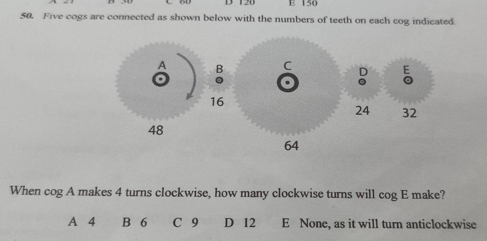 Solved: 50 C 60 D 120 E 150 50. Five cogs are connected as shown below ...