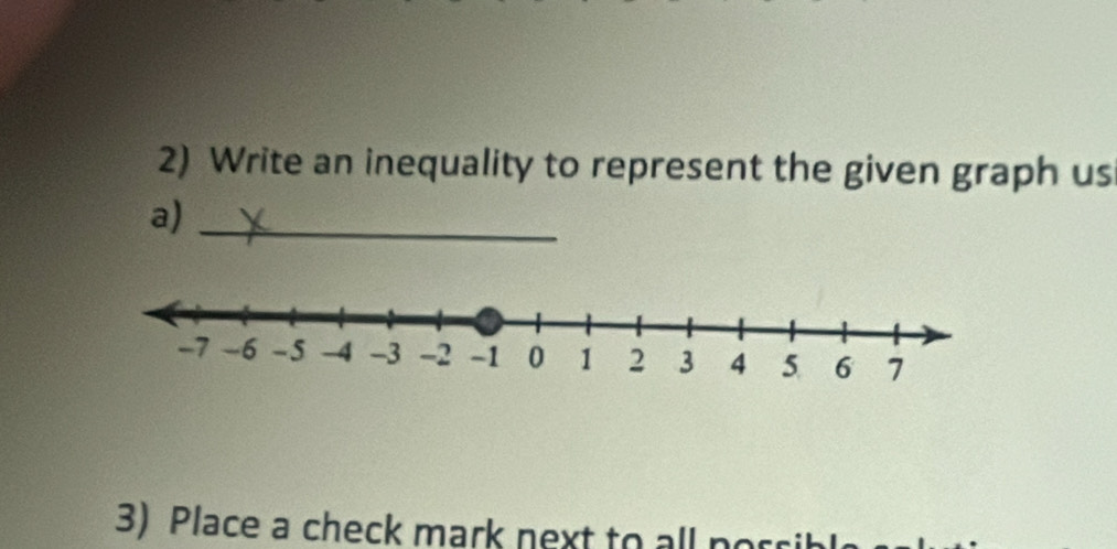 Write an inequality to represent the given graph us 
a)_ 
3) Place a check mark next to all porsih