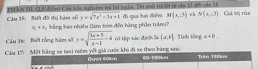 PHÀN III. (2,0 điểm) Câu trắc nghiệm trả lời ngắn. Thí sinh trả lời từ câu 15 đến câu 18. 
Câu 15: Biết đồ thị hàm số y=sqrt(7x^2-3x+1) đi qua hai điểm M(x_1;3) và N(x_2;3). Giá trị của
x_1+x_2 bằng bao nhiêu (làm tròn đến hàng phần trăm)? 
Câu 16: Biết rằng hàm số y=sqrt(frac 3x+5)x-1-4 có tập xác định là (a;b]. Tính tổng a+b. 
Câu 17: Một hãng xe taxi niêm yết giá cước khi đi xe theo bảng sau: 
Dưới 60km 60 -180km Trên 180km
Xe 4 chỗ