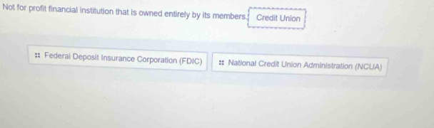 Not for profit financial institution that is owned entirely by its members. Credit Union
:: Federal Deposit Insurance Corporation (FDIC) :: National Credit Union Administration (NCUA)