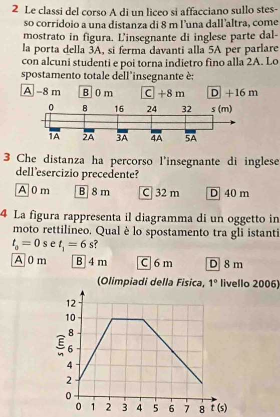 Le classi del corso A di un liceo si affacciano sullo stes-
so corridoio a una distanza di 8 m l’una dall’altra, come
mostrato in figura. L'insegnante di inglese parte dal-
la porta della 3A, si ferma davanti alla 5A per parlare
con alcuni studenti e poi torna indietro fino alla 2A. Lo
spostamento totale dell’insegnante è:
C +8 m
3 Che distanza ha percorso l'insegnante di inglese
dell’esercizio precedente?
A 0m B 8 m C 32 m D 40 m
4 La figura rappresenta il diagramma di un oggetto in
moto rettilineo. Qual è lo spostamento tra gli istanti
t_0=0s e t_1=6s
A 0 m B 4 m C  6m D 8 m
(Olimpiadi della Fisica, 1° livello 2006)