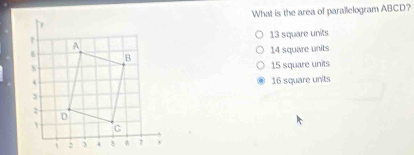 Solved: What is the area of parallelogram ABCD? 13 square units 14 ...